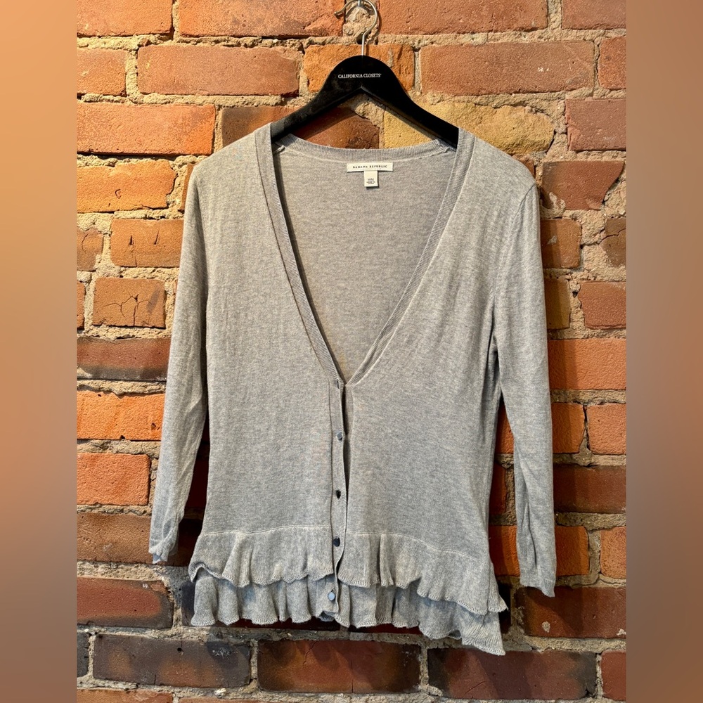 Banana Republic Grey Cardigan with Ruffled Bottom & Sparkle Trim. Size: Medium.